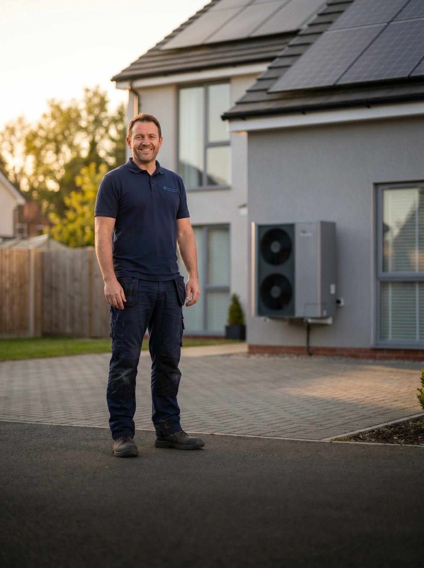 Licensed contractor in workwear standing in front of a home with a newly installed roof and rooftop solar panels at golden hour